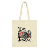 Stay Focused Camera Tote Bag, Photography Lover Gift, Floral Camera Design, Motivational Tote, Stylish Everyday Tote Bag, Camera Art - Tawshia